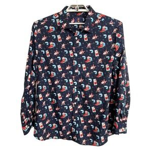 Simon Banks Men's Size‎ L Blue Christmas Santa All Over Print Button Up Shirt